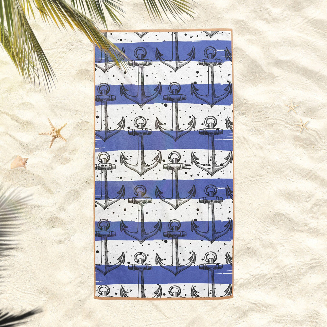 Nautical Beach Towel|Navy Anchor Bath Towel|Coastal Pool Towel|Striped Design Towel|Beach House Outdoor Soft Bath Towel|Summer Vacation Gift