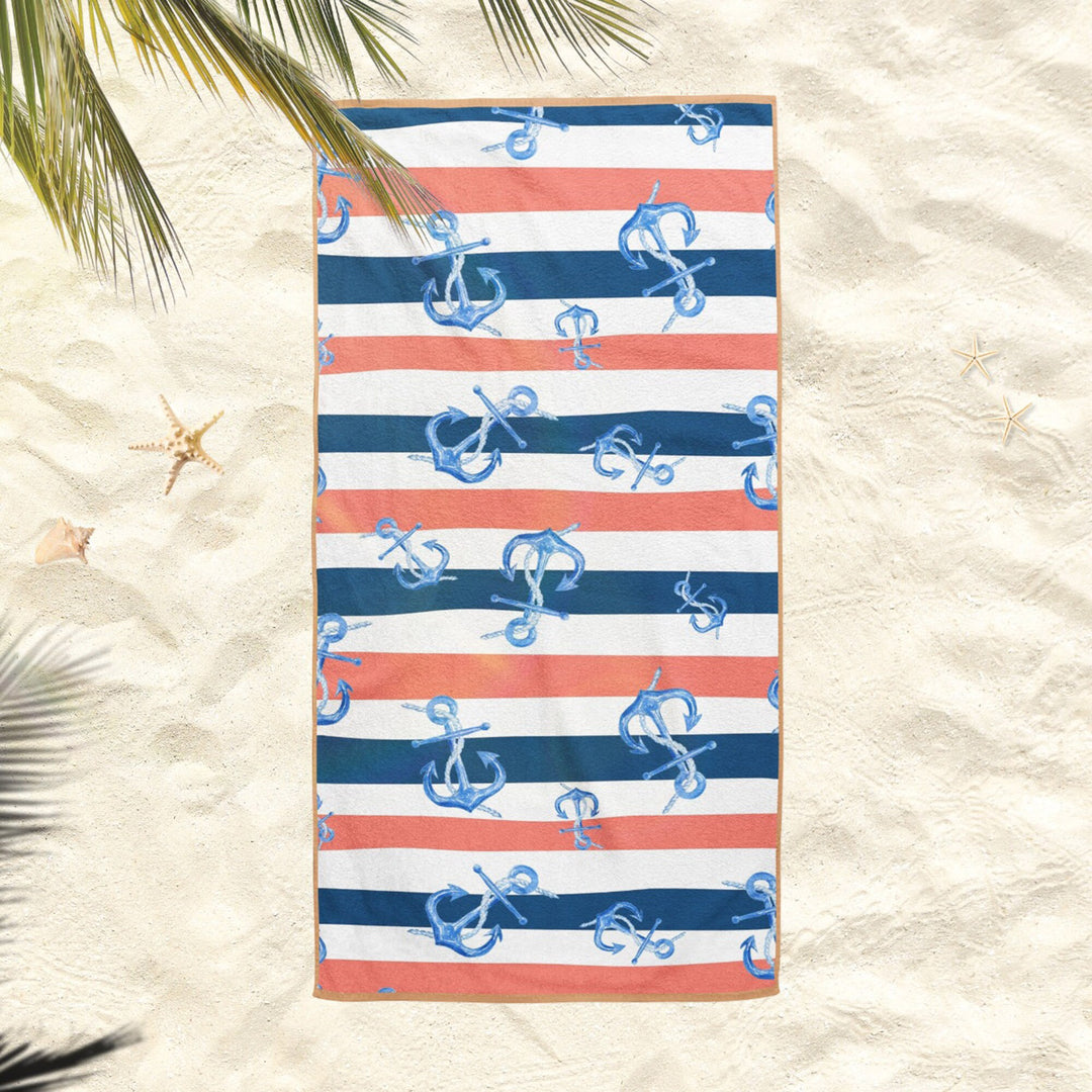 Nautical Beach Towel|Anchor Bath Towel|Coastal Pool Towel|Striped Beach Towel|Beach House Outdoor Soft Bath Towel|Summer Trend Vacation Gift