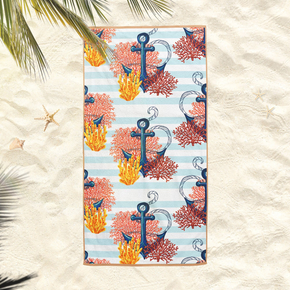 Nautical Beach Towel|Anchor Bath Towel|Starfish Pool Towel|Seashell Print Towel|Beach House Coral Soft Bath Towel|Coastal Vacation Gift