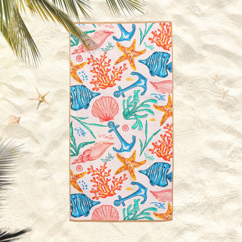 Nautical Beach Towel|Fish Coral Bath Towel|Coastal Pool Towel|Seahorse Beach Towel|Anchor and Wheel Soft Bath Towel|Summer Vacation Gift