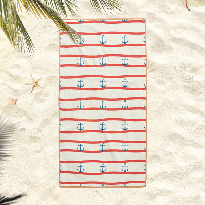 Nautical Beach Towel|Sailor Cat and Dog Bath Towel|Coastal Pool Towel|Striped Anchor Towel|Beach House Soft Bath Towel|Summer Vacation Gift