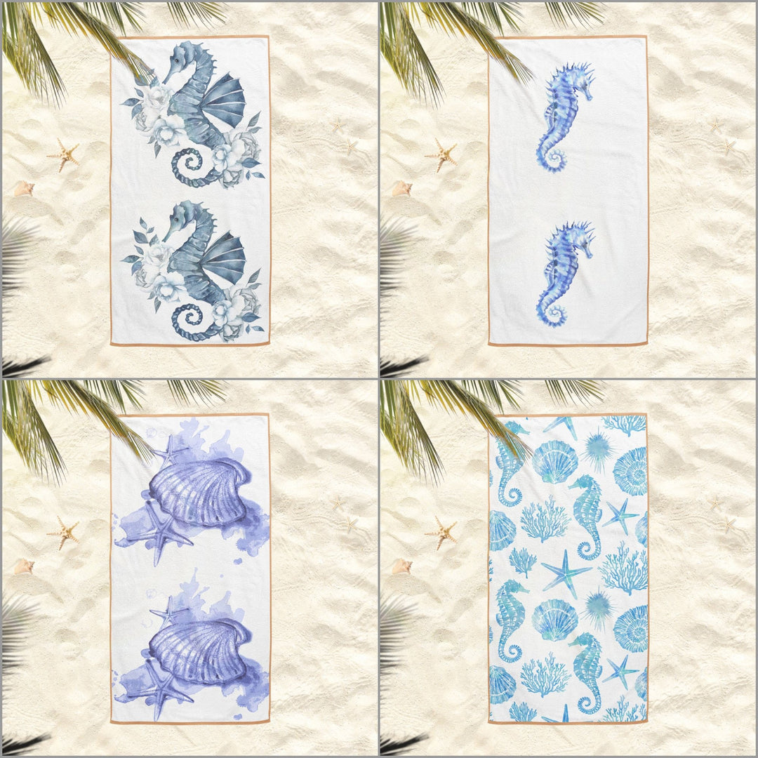 Nautical Beach Towel|Seahorse Bath Towel|Coastal Pool Towel|Oyster Beach Towel|Seashell Print Outdoor Soft Bath Towel|Summer Vacation Gift