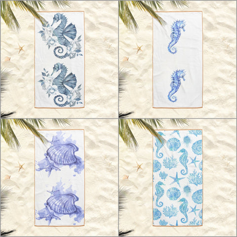 Nautical Beach Towel|Seahorse Bath Towel|Coastal Pool Towel|Oyster Beach Towel|Seashell Print Outdoor Soft Bath Towel|Summer Vacation Gift