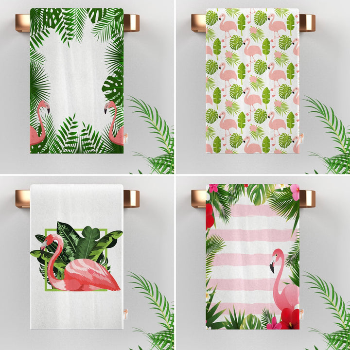 Flamingo Tea Towel|Tropical Dish Cloth|Leaf Print Dishcloth|Flamingo Hand Towel|Green Leaves Towel|Decorative All-Purpose Rag|Dust Remover