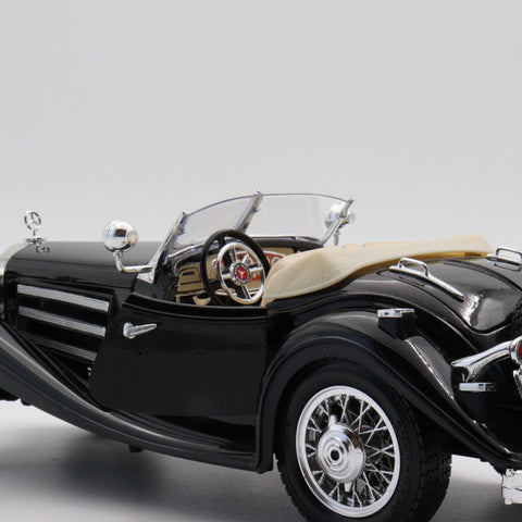 Burago 1936 Mercedes Benz 500 K Roadster|Scale 1:24 Diecast Model Car|Vintage Old Car|Collectible Metal Black Car for Collector|Gift for Dad