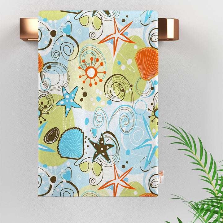 Starfish Tea Towel|Coastal Dishcloth|Nautical Hand Towel|Beach House Decor|Fish Print Dish Cloth|All-Purpose Rag|Seashell Print Hand Towel