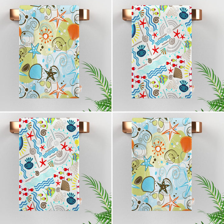 Starfish Tea Towel|Coastal Dishcloth|Nautical Hand Towel|Beach House Decor|Fish Print Dish Cloth|All-Purpose Rag|Seashell Print Hand Towel