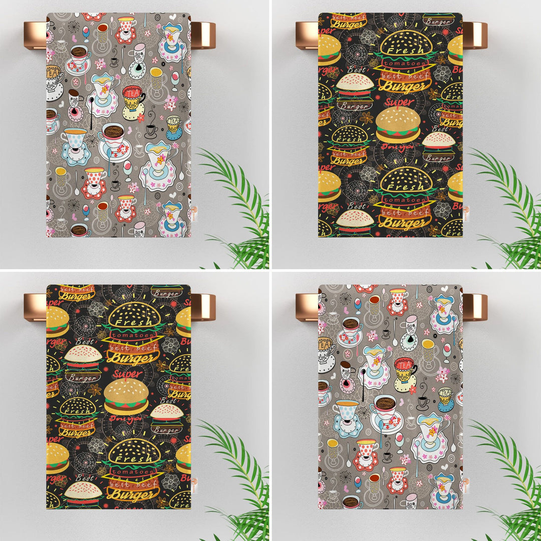 Coffee Print Towel|Tea Themed Rag|Burger Hand Towel|Kitchen Hand Towel|Hamburger Dishcloth|Dust Remover|Cost-Effective Rag|Rustic Dishcloth