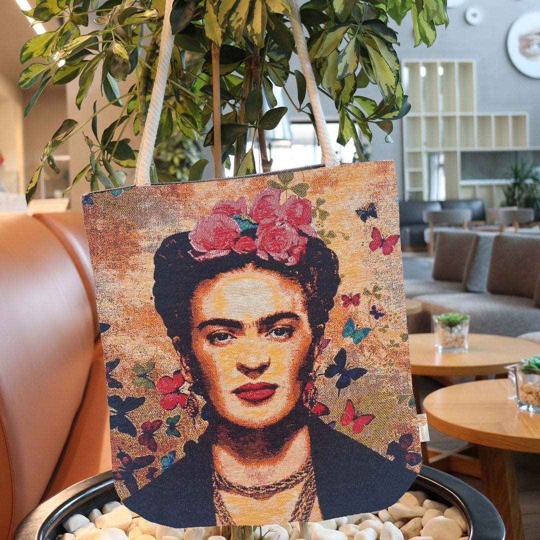 Frida Kahlo Shoulder Bag|Butterfly Design Gobelin Tapestry Tote Bag|Frida Khalo Shopping Bag|Reusable Shopper Bag|Summer Beach Bag for Her