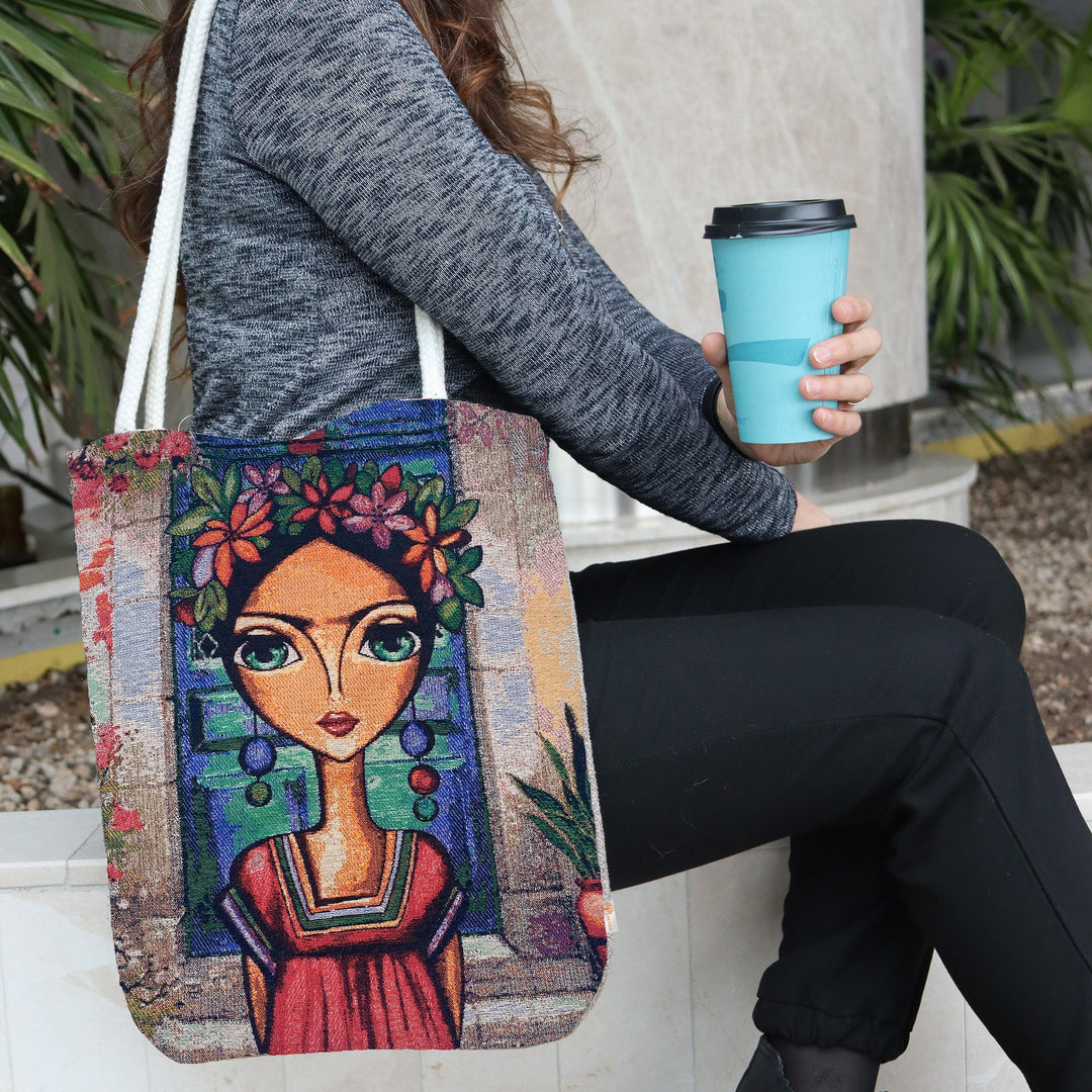 Frida Khalo Gobelin Shoulder Bag|Flower Tapestry Tote Bag|Boho Style Fabric Handbag|Messenger Bag for Women|School Book Bag|Gift for Her