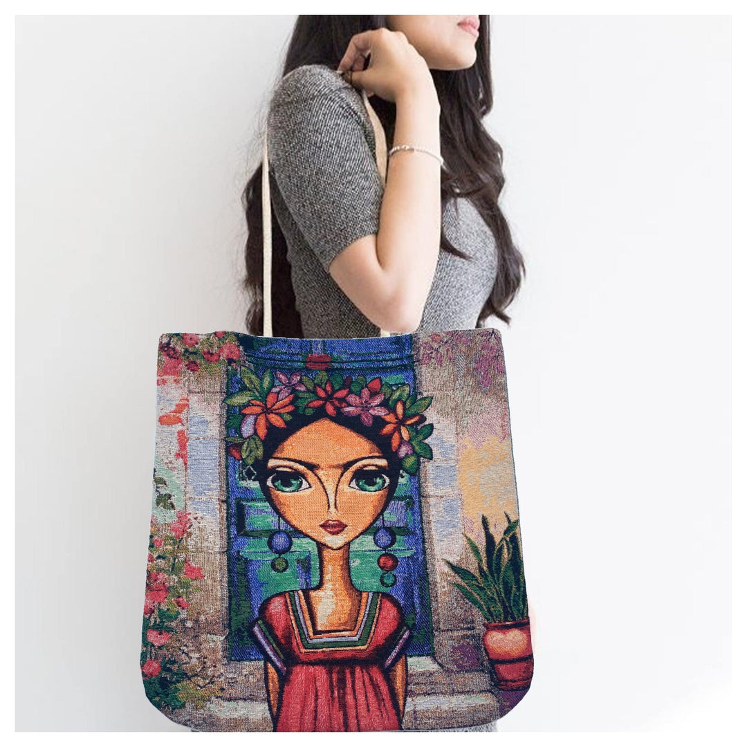 Frida Khalo Gobelin Shoulder Bag|Flower Tapestry Tote Bag|Boho Style Fabric Handbag|Messenger Bag for Women|School Book Bag|Gift for Her