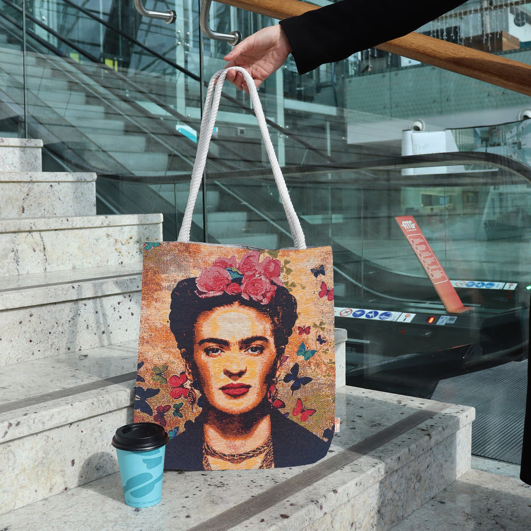 Frida Kahlo Shoulder Bag|Butterfly Design Gobelin Tapestry Tote Bag|Frida Khalo Shopping Bag|Reusable Shopper Bag|Summer Beach Bag for Her