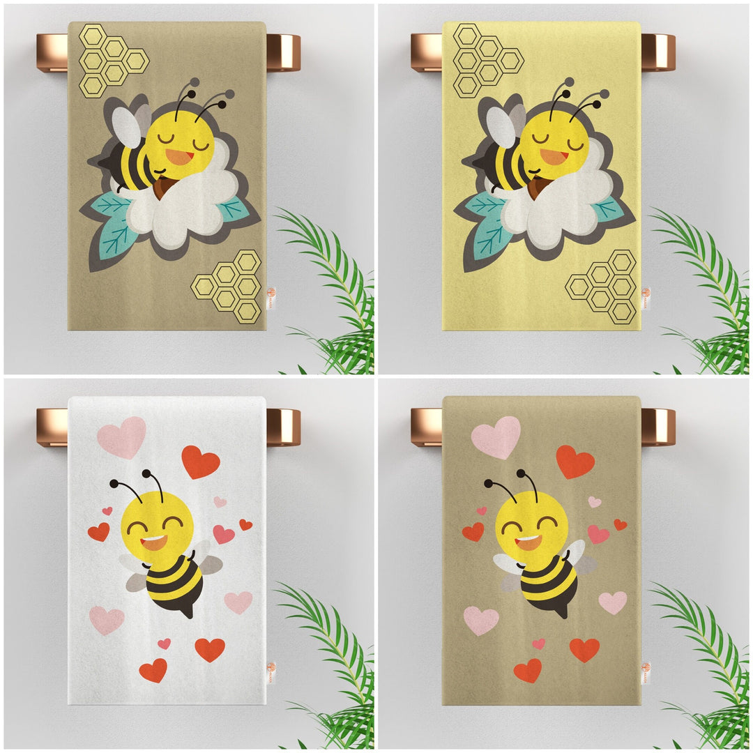 Cute Bee Print Tea Towel|Bee Dishcloth|Heart Print Hand Towel|Animal Dish Cloth|Eco-Friendly Rag|Soft Cleaning Towel|Kitchen Gift For Her