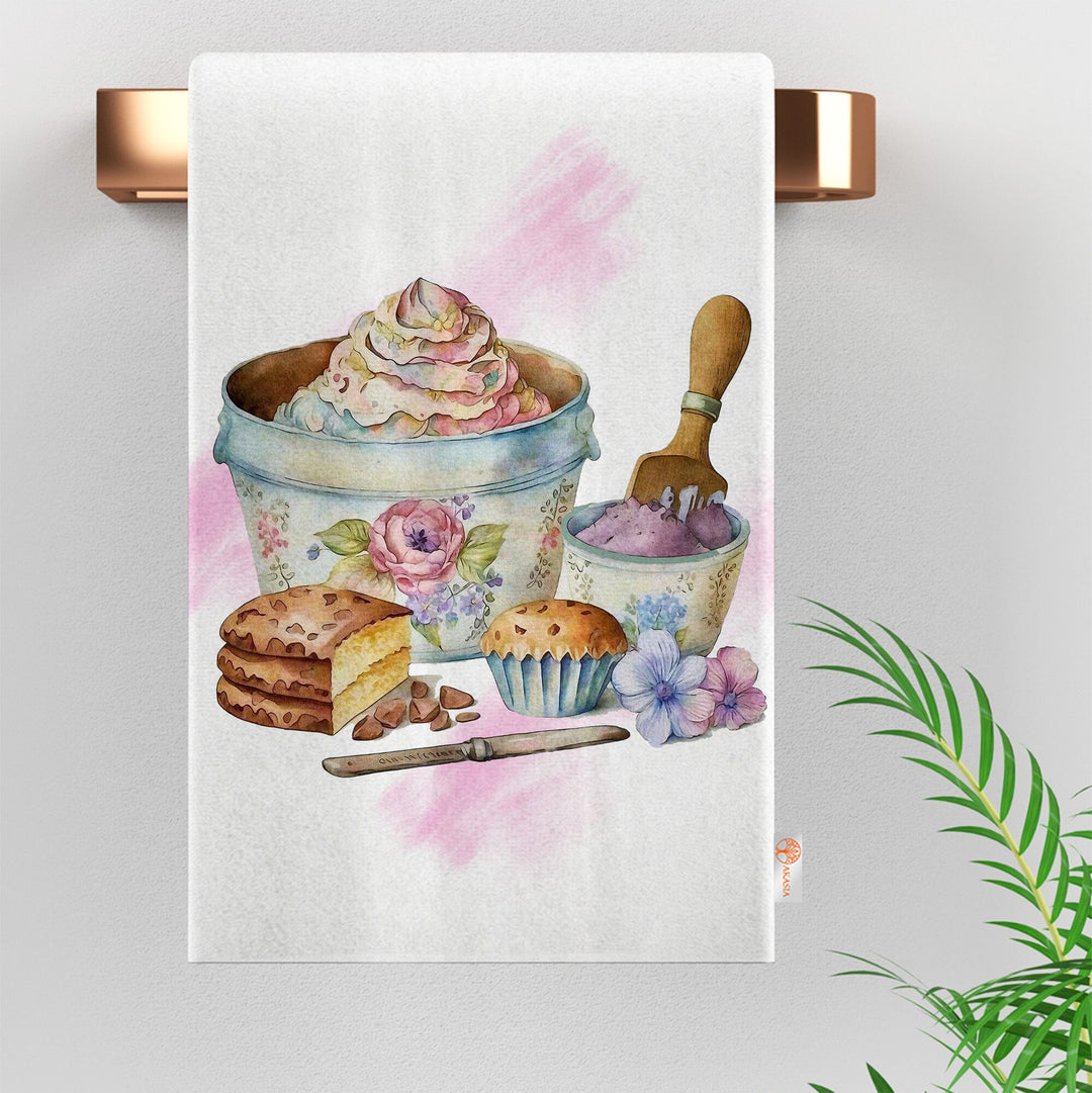 Decorative Tea Towel|Bakery Hand Towel|Floral Dish Cloth|Eco-Friendly Modern Towel|Cake Print Dishcloth|Soft Cleaning Cloth|Baker Decor