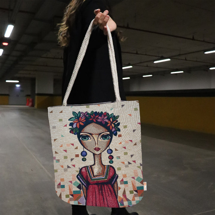 Frida Khalo Fabric Shoulder Bag|Girl Face Gobelin Tapestry Tote Bag|Boho Style Handbag|Messenger Bag for Women|Book Summer Shoulder Purse