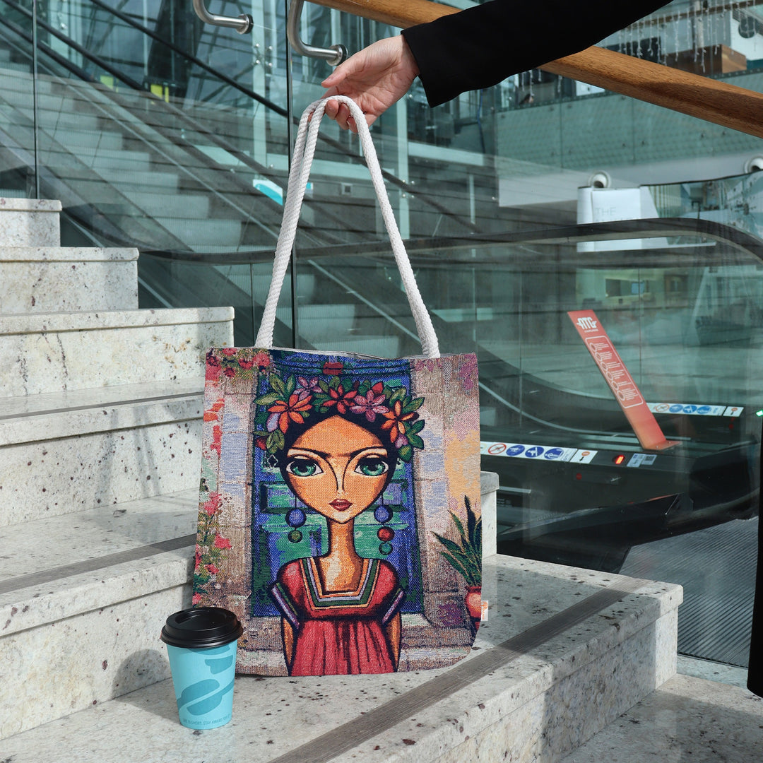 Frida Khalo Gobelin Shoulder Bag|Flower Tapestry Tote Bag|Boho Style Fabric Handbag|Messenger Bag for Women|School Book Bag|Gift for Her