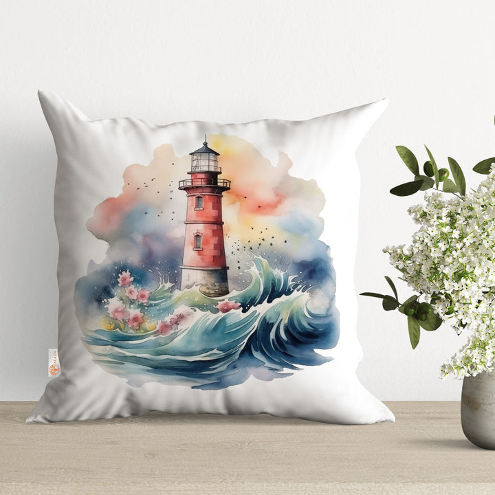 Lighthouse Pillow Cover|Seaside Cushion Case|Nautical Pillowtop|Beach House Decor|Seagull Pillowcase|Outdoor Cushion|Throw Pillowtop