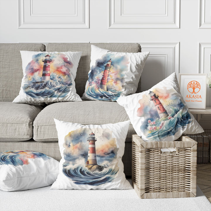 Lighthouse Pillow Cover|Seaside Cushion Case|Nautical Pillowtop|Beach House Decor|Seagull Pillowcase|Outdoor Cushion|Throw Pillowtop