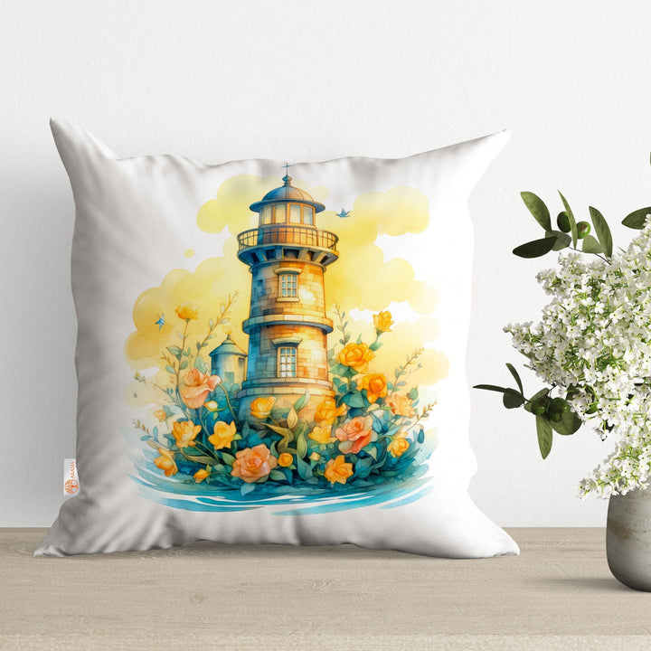 Lighthouse Pillow Cover|Floral Cushion Case|Nautical Pillowtop|Beach House Decor|Lighthouse Cushion|Outdoor Cushion|Throw Pillowtop