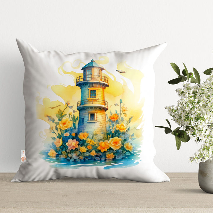 Lighthouse Pillow Cover|Floral Cushion Case|Nautical Pillowtop|Beach House Decor|Lighthouse Cushion|Outdoor Cushion|Throw Pillowtop