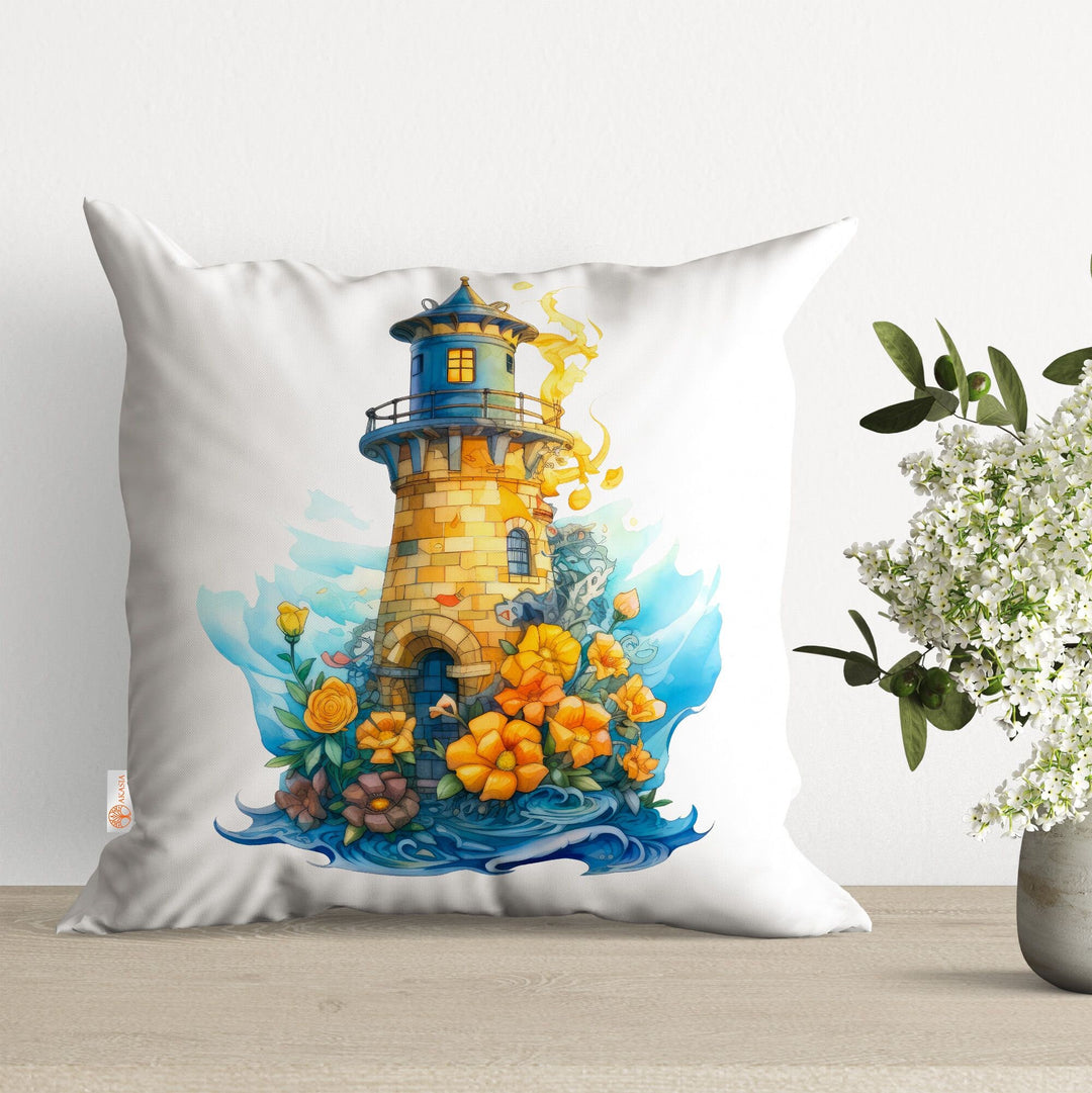 Lighthouse Pillow Cover|Floral Cushion Case|Nautical Pillowtop|Beach House Decor|Lighthouse Cushion|Outdoor Cushion|Throw Pillowtop