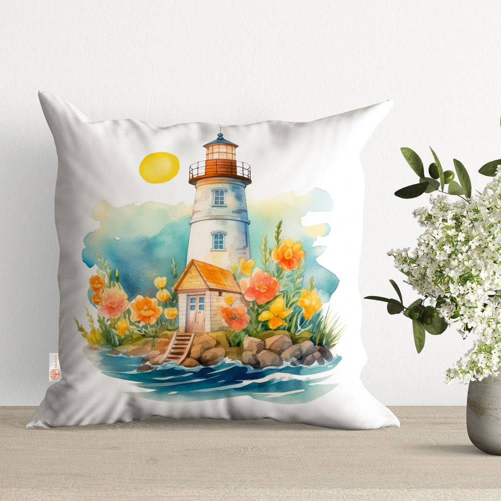 Lighthouse Pillow Cover|Floral Cushion Case|Nautical Pillowtop|Beach House Decor|Lighthouse Cushion|Outdoor Cushion|Throw Pillowtop