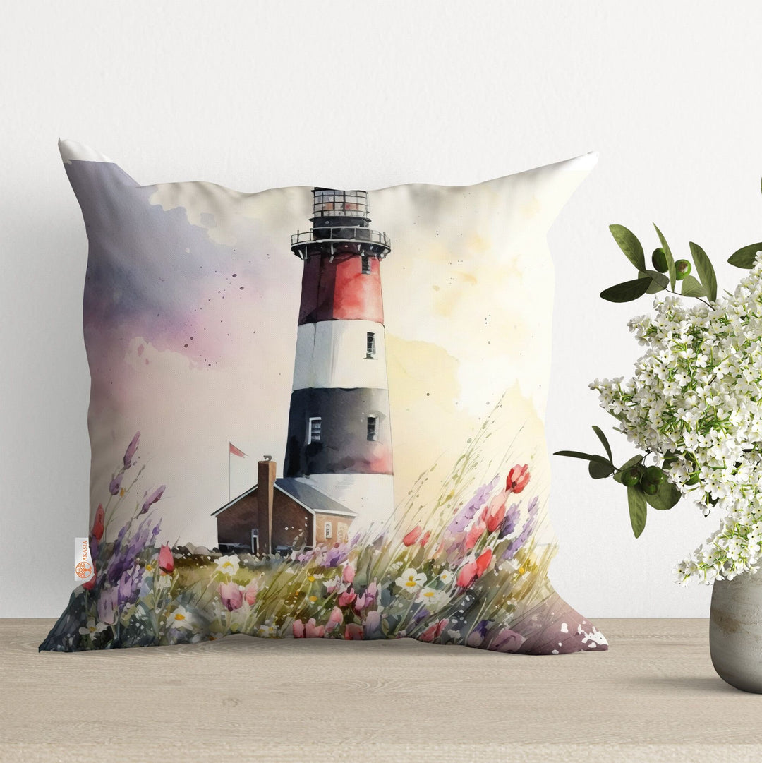 Lighthouse Pillow Case|Beach House Decor|Floral Cushion Case|Nautical Pillowtop|Lighthouse Cushion|Outdoor Cushion|Throw Pillowtop