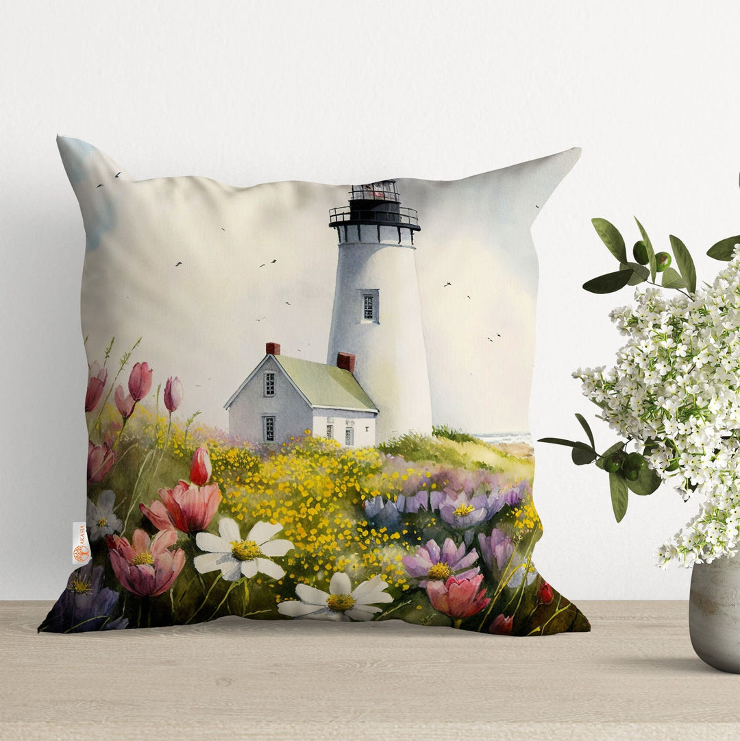 Lighthouse Pillow Case|Beach House Decor|Floral Cushion Case|Nautical Pillowtop|Lighthouse Cushion|Outdoor Cushion|Throw Pillowtop