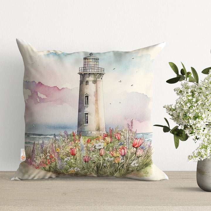 Lighthouse Pillow Case|Beach House Decor|Floral Cushion Case|Nautical Pillowtop|Lighthouse Cushion|Outdoor Cushion|Throw Pillowtop