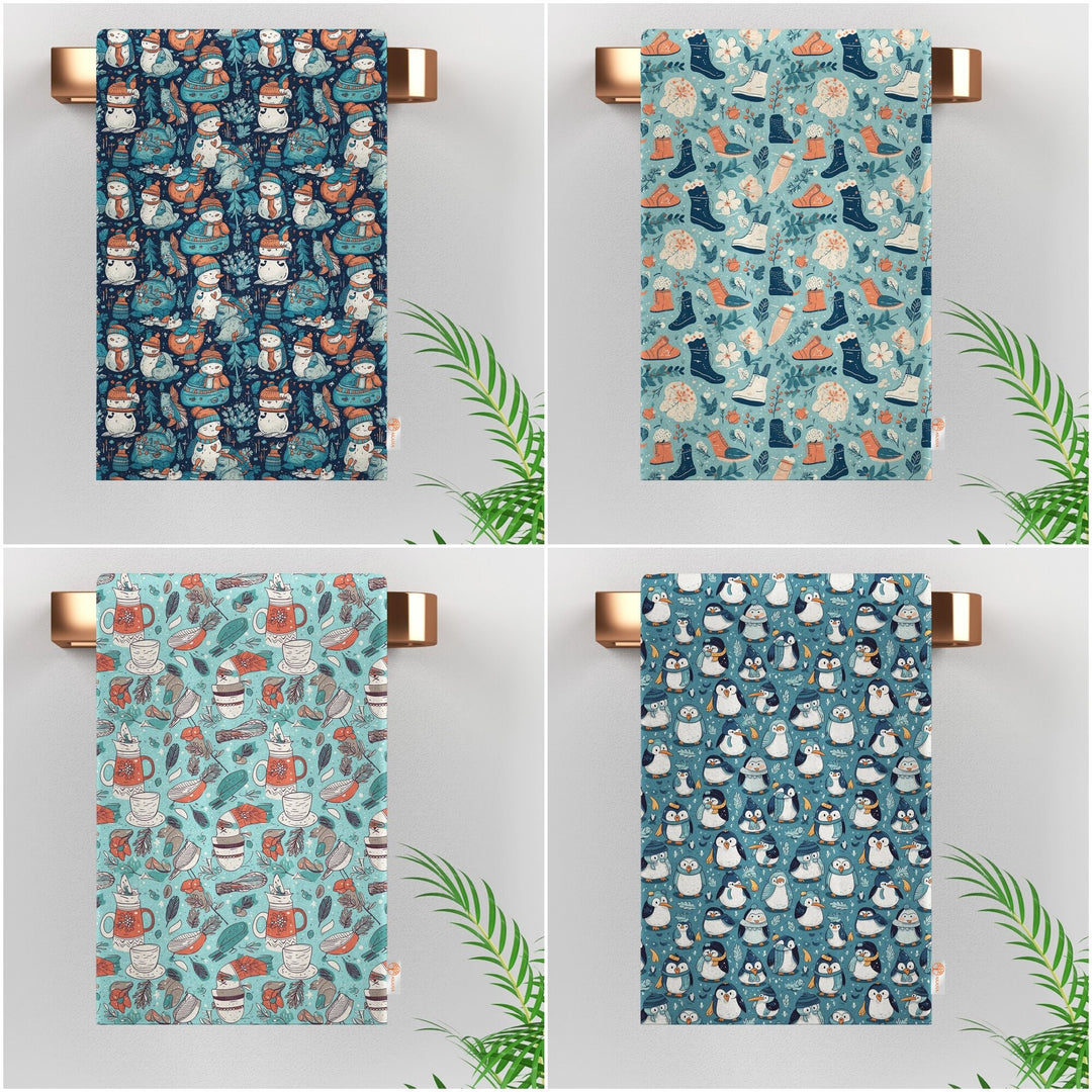 Winter Cleaning Cloth|Tea Cup Tea Towel|Penguin Kitchen Towel|Seasonal Reusable Towel|Snowman Dish Cloth|Tea Cup Dishcloth|Snowman Towel