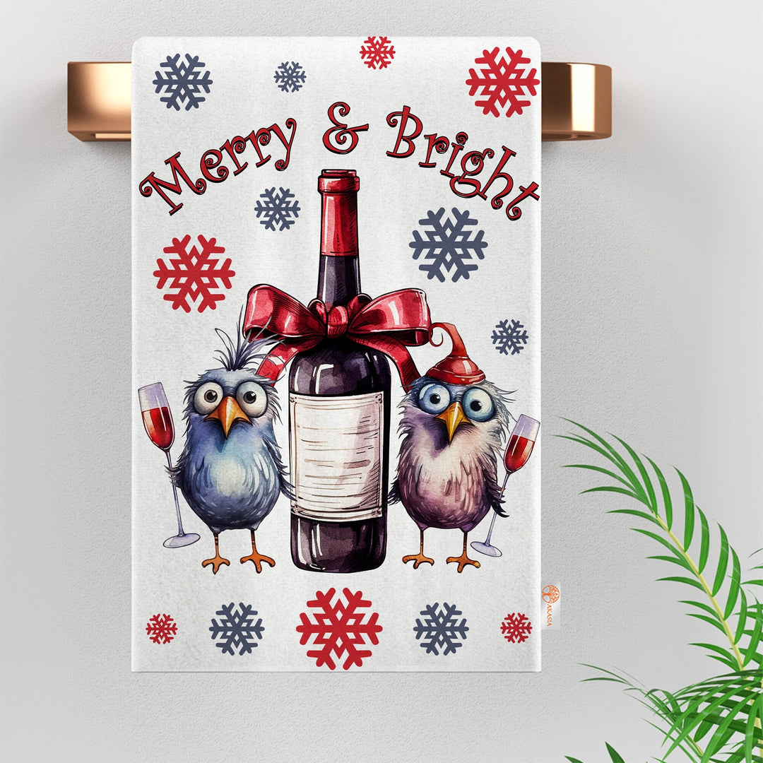 Merry Xmas Kitchen Towel|Wine Dish Cloth|Winter Dishcloth|Snowflake Hand Towel|Cute Birds Cleaning Rag|Snowman Print Christmas Tea Towel