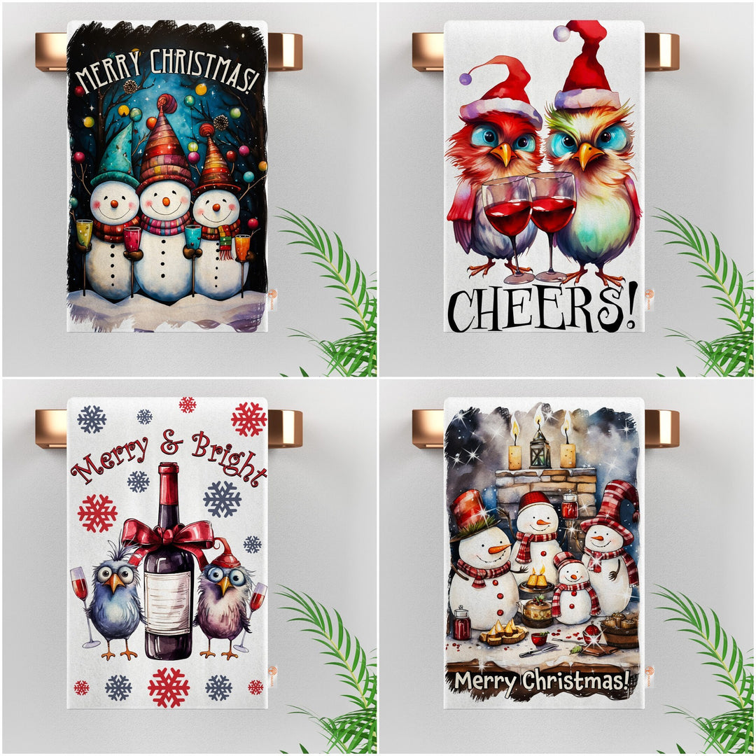 Merry Xmas Kitchen Towel|Wine Dish Cloth|Winter Dishcloth|Snowflake Hand Towel|Cute Birds Cleaning Rag|Snowman Print Christmas Tea Towel