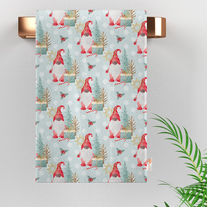 Christmas Tea Towel|Gnome Print Rag|Pine Tree Kitchen Towel|Xmas Cleaning Rag|Winter Dishcloth|Dwarf Santa Hand Towel|Xmas Dish Cloth