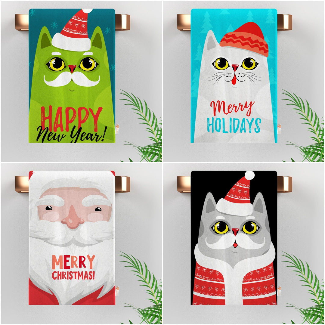 Santa Cat Dish Cloth|Merry Xmas Tea Towel|Happy New Year Kitchen Towel|Santa Claus Dishcloth|Winter Hand Towel|Xmas Print Rag