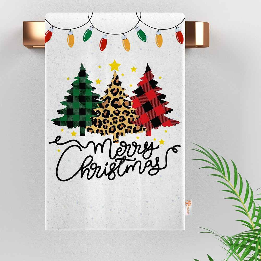 Xmas Tea Towel|Merry Xmas Print Rag|Winter Dishcloth|Christmas Hand Towel|Coffee Cup Kitchen Towel|Checkered Pine Tree Dish Cloth