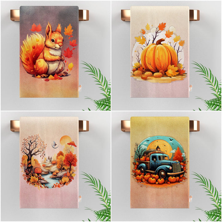 Fall Hand Towel|Cozy Dust Remover|Truck Print Cleaning Cloth|Autumn Tea Towel|Pumpkin Dish Cloth|Leaf Kitchen Towel|Squirrel Dishcloth