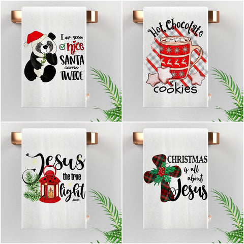 Christmas Hand Towel|Panda Cleaning Rag|Jesus Dish Cloth|Cookies Reusable Towel|Winter Tea Towel|Hot Chocolate Dishcloth|Xmas Kitchen Towel