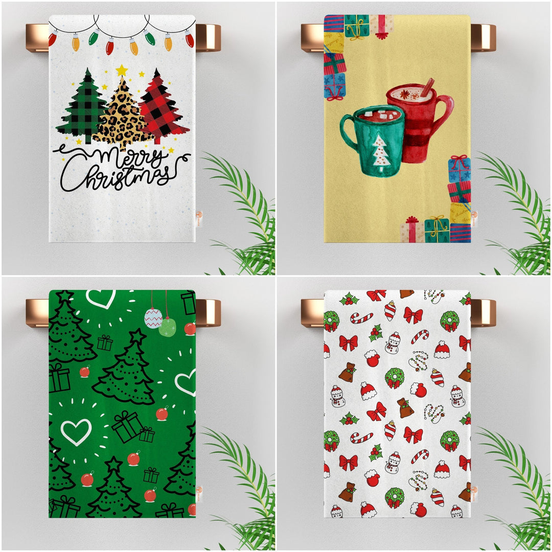 Xmas Tea Towel|Merry Xmas Print Rag|Winter Dishcloth|Christmas Hand Towel|Coffee Cup Kitchen Towel|Checkered Pine Tree Dish Cloth