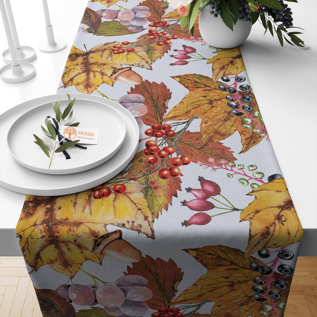 Leaf Table Topper|Red Berry Table Setting|Grape Table Top|Fall Kitchen Decor|Cozy Table Runner|Fruit Tablecloth|Autumn Table Dressing