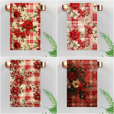 Floral Winter Towel|Plaid Xmas Hand Towel|Christmas Dishcloth|Kitchen Cleaning Cloth|Dust Remover|Cost-Effective Rag|Floral Tea Towel