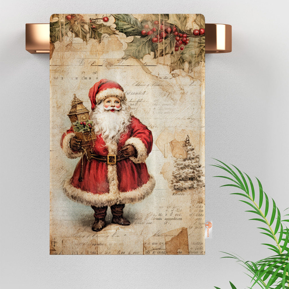 Xmas Hand Towel|Santa Claus Print Towel|Floral Christmas Dishcloth|Kitchen Cleaning Cloth|Dust Remover|Cost-Effective Rag|Floral Tea Towel