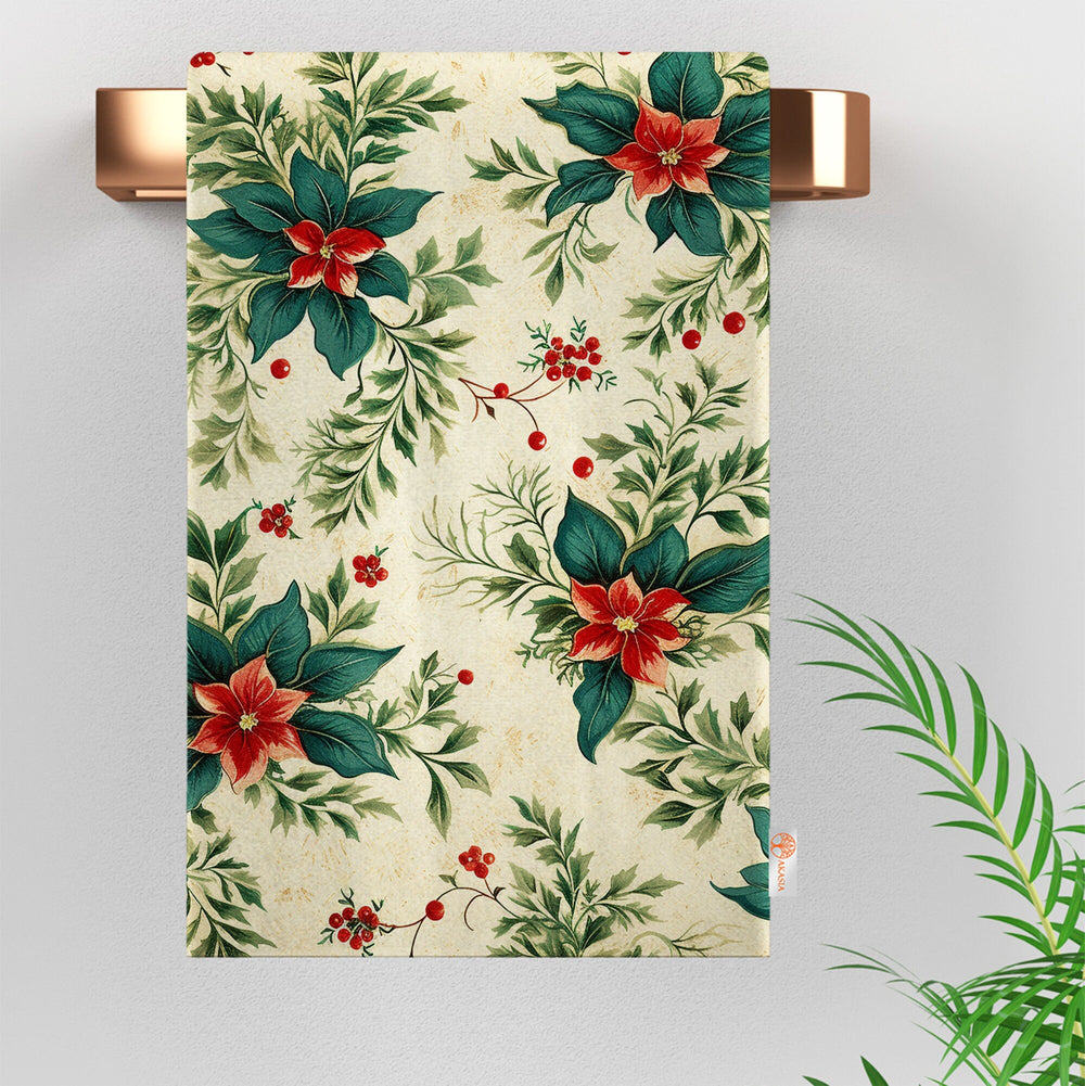 Christmas Hand Towel|Pine Tree Print Towel|Floral Xmas Dishcloth|Kitchen Cleaning Cloth|Bird Dust Remover|Cost-Effective Rag|Floral Towel