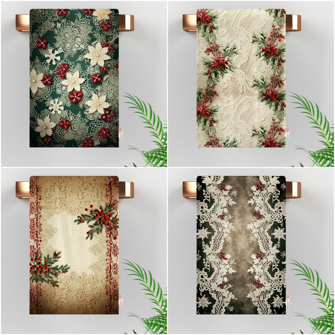 Floral Winter Towel|Lace Pattern Xmas Hand Towel|Christmas Dishcloth|Kitchen Cleaning Cloth|Dust Remover|Cost-Effective Rag|Floral Tea Towel