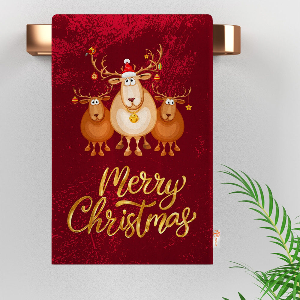 Christmas Hand Towel|New Year Tea Towel|Merry Xmas Dishcloth|Cute Deer Kitchen Cleaning Cloth|Joy Print Reusable Rag|Buckhorn Tea Towel