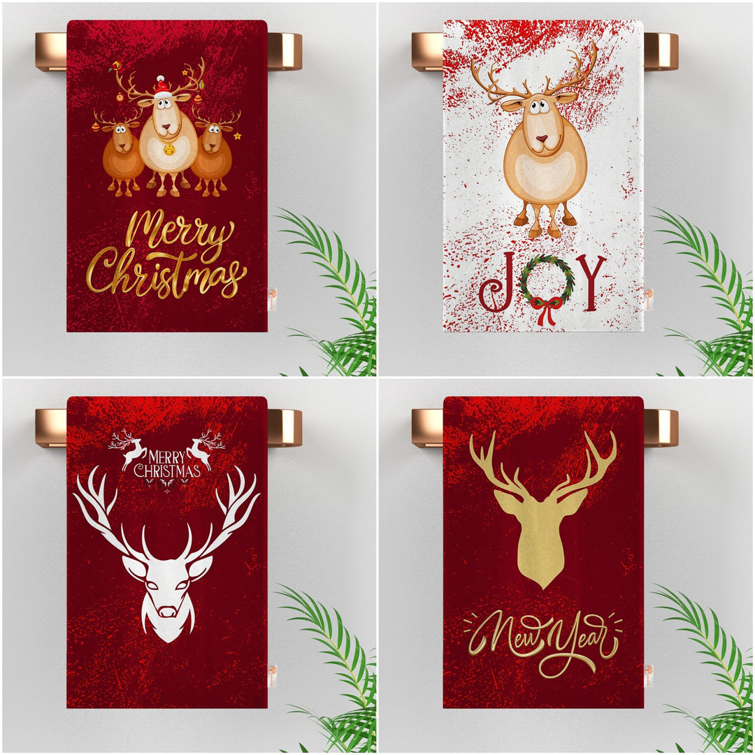 Christmas Hand Towel|New Year Tea Towel|Merry Xmas Dishcloth|Cute Deer Kitchen Cleaning Cloth|Joy Print Reusable Rag|Buckhorn Tea Towel