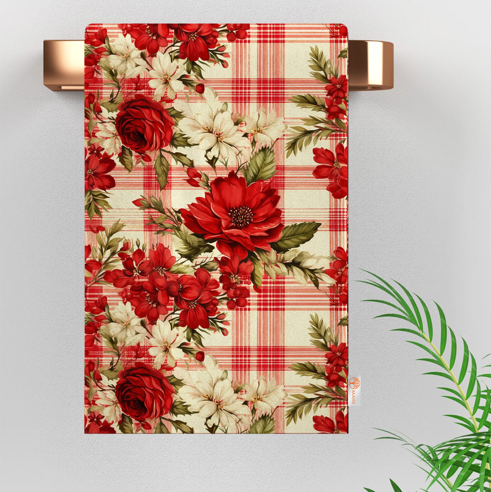 Floral Winter Towel|Plaid Xmas Hand Towel|Christmas Dishcloth|Kitchen Cleaning Cloth|Dust Remover|Cost-Effective Rag|Floral Tea Towel