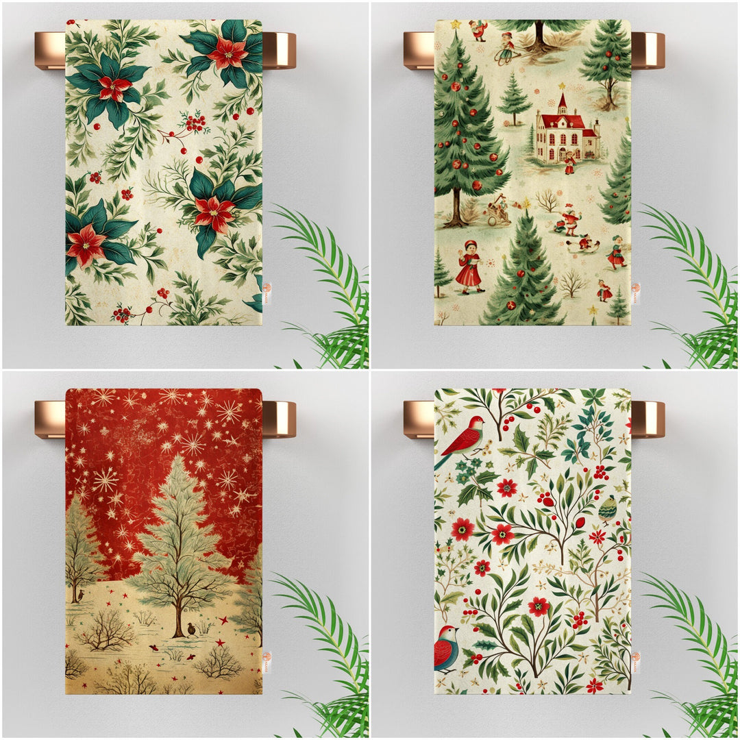 Christmas Hand Towel|Pine Tree Print Towel|Floral Xmas Dishcloth|Kitchen Cleaning Cloth|Bird Dust Remover|Cost-Effective Rag|Floral Towel