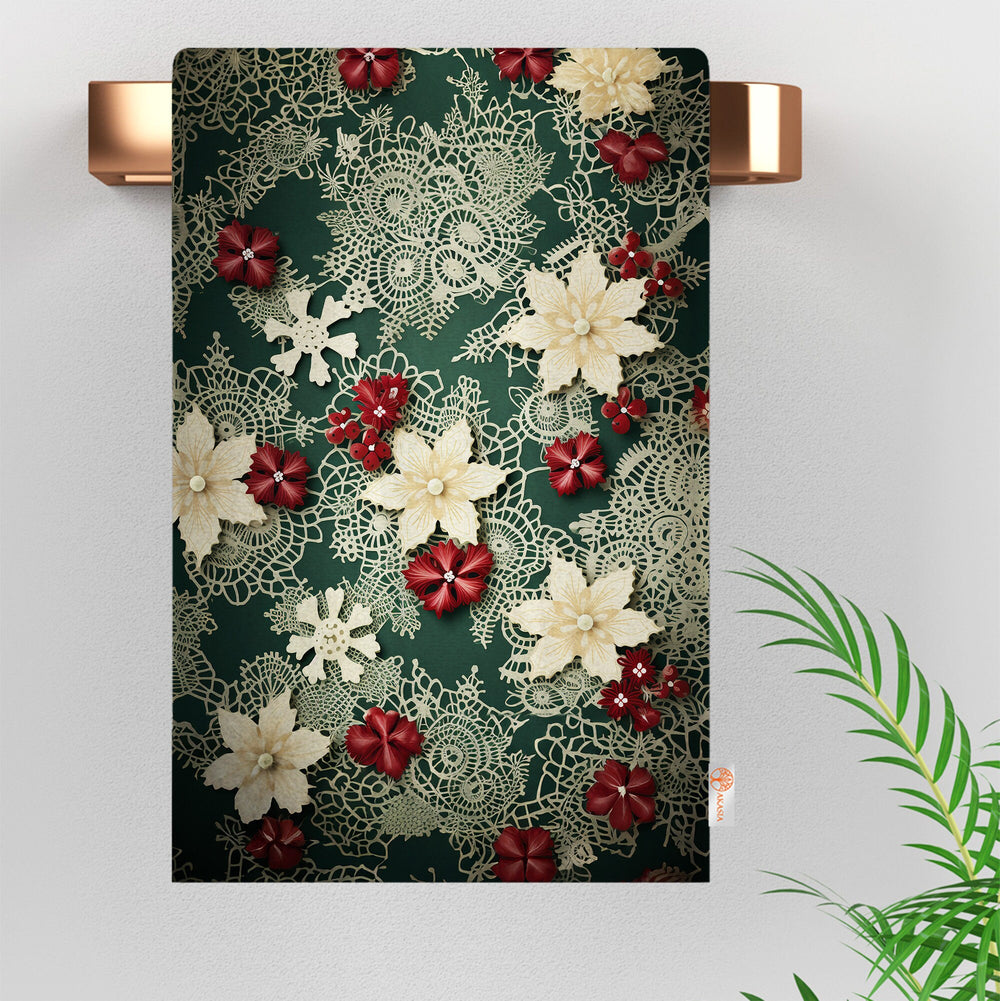 Floral Winter Towel|Lace Pattern Xmas Hand Towel|Christmas Dishcloth|Kitchen Cleaning Cloth|Dust Remover|Cost-Effective Rag|Floral Tea Towel