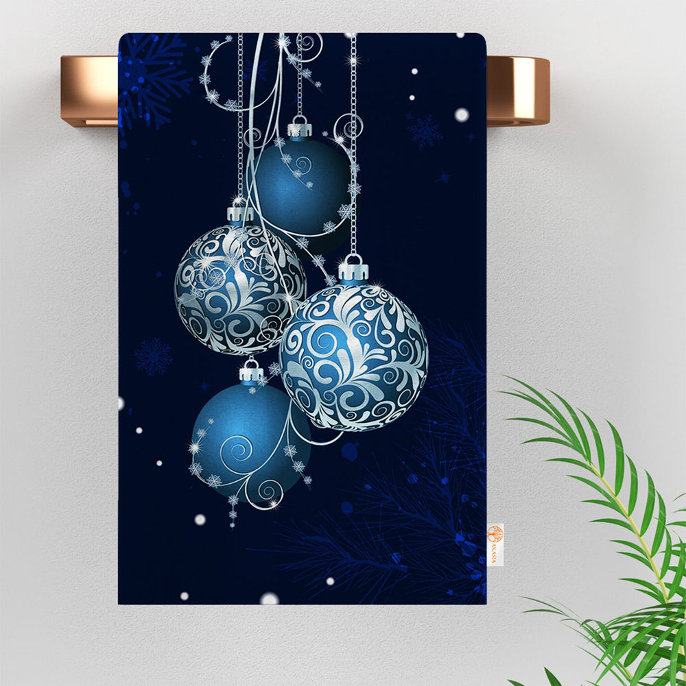 Xmas Hand Towel|Christmas Ornament Print Towel|Snowflake Dishcloth|Kitchen Cleaning Cloth|Dust Remover|Cost-Effective Rag|Bluish Tea Towel