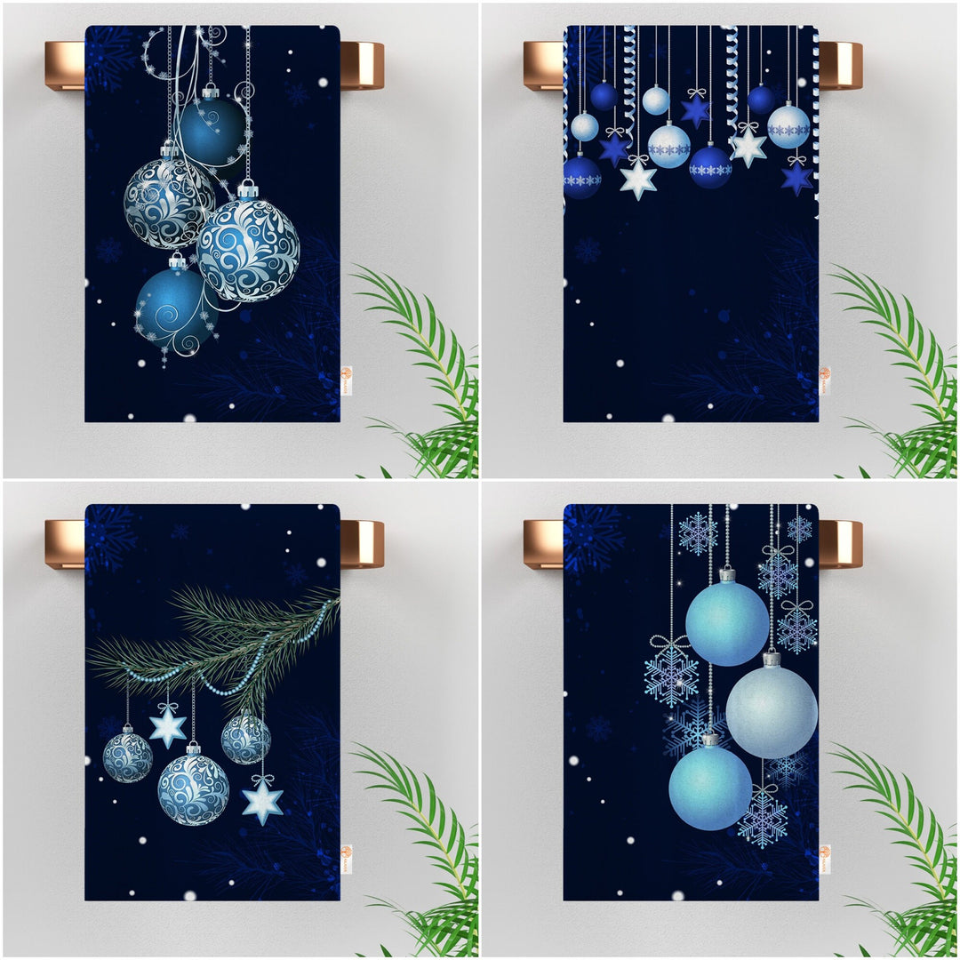 Xmas Hand Towel|Christmas Ornament Print Towel|Snowflake Dishcloth|Kitchen Cleaning Cloth|Dust Remover|Cost-Effective Rag|Bluish Tea Towel